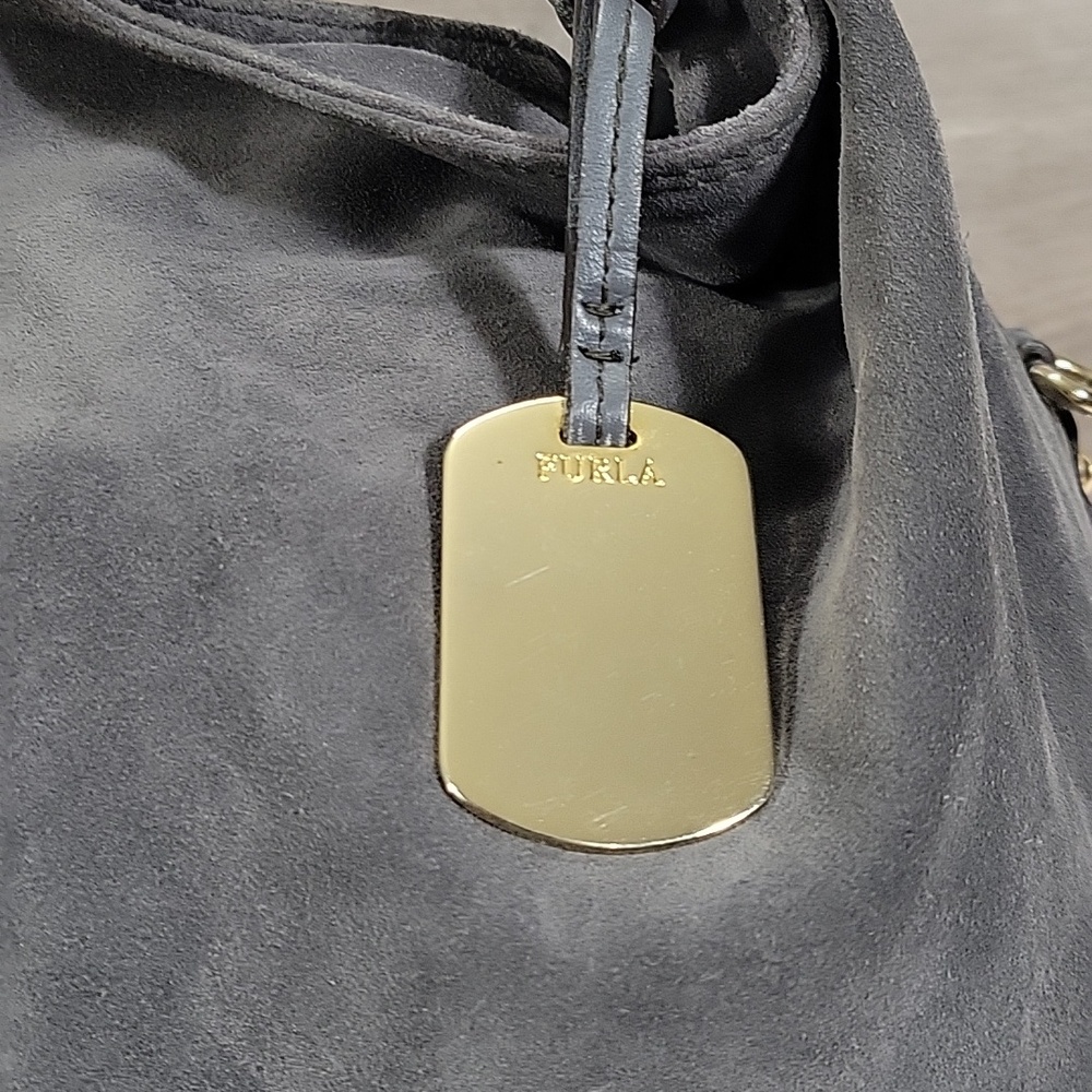 Furla Charcoal Gray Suede Hobo Bag with Gold Tag - Picture 2 of 13